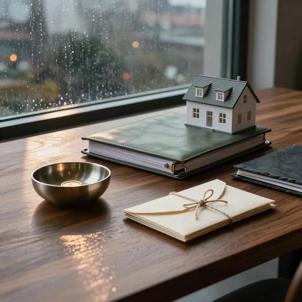 Wealth binder, house model, envelopes, and folders on a rain-lit walnut table.