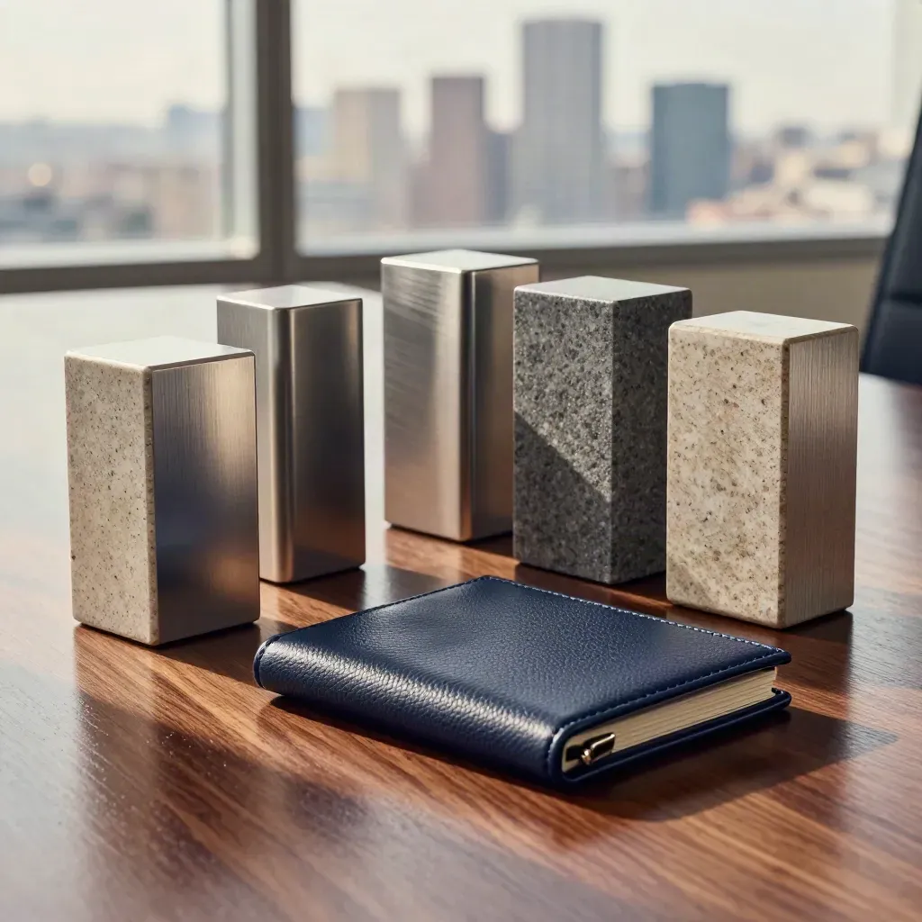 Stone-and-metal portfolio objects beside a closed case with skyline blur in warm light.
