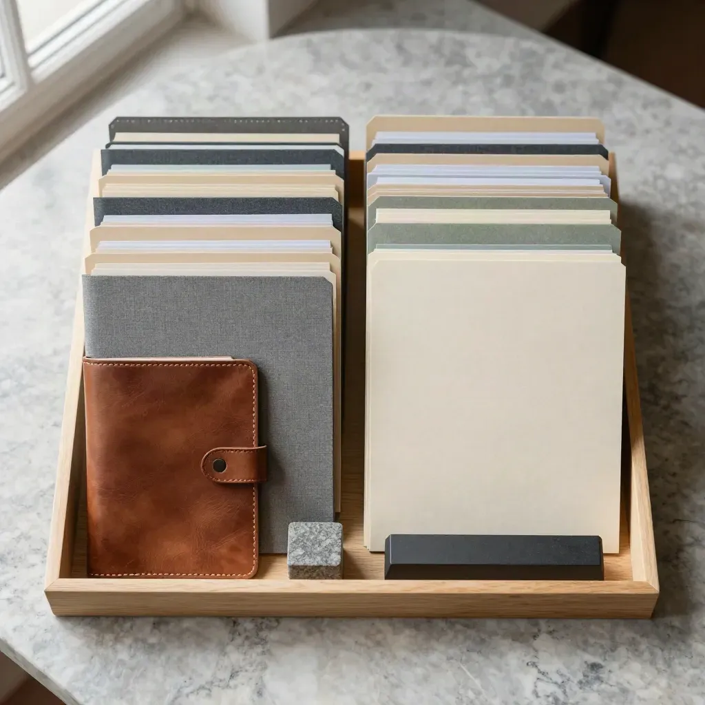 Top-down finance still life with tabbed folders, stone weights and oak tray on limestone.