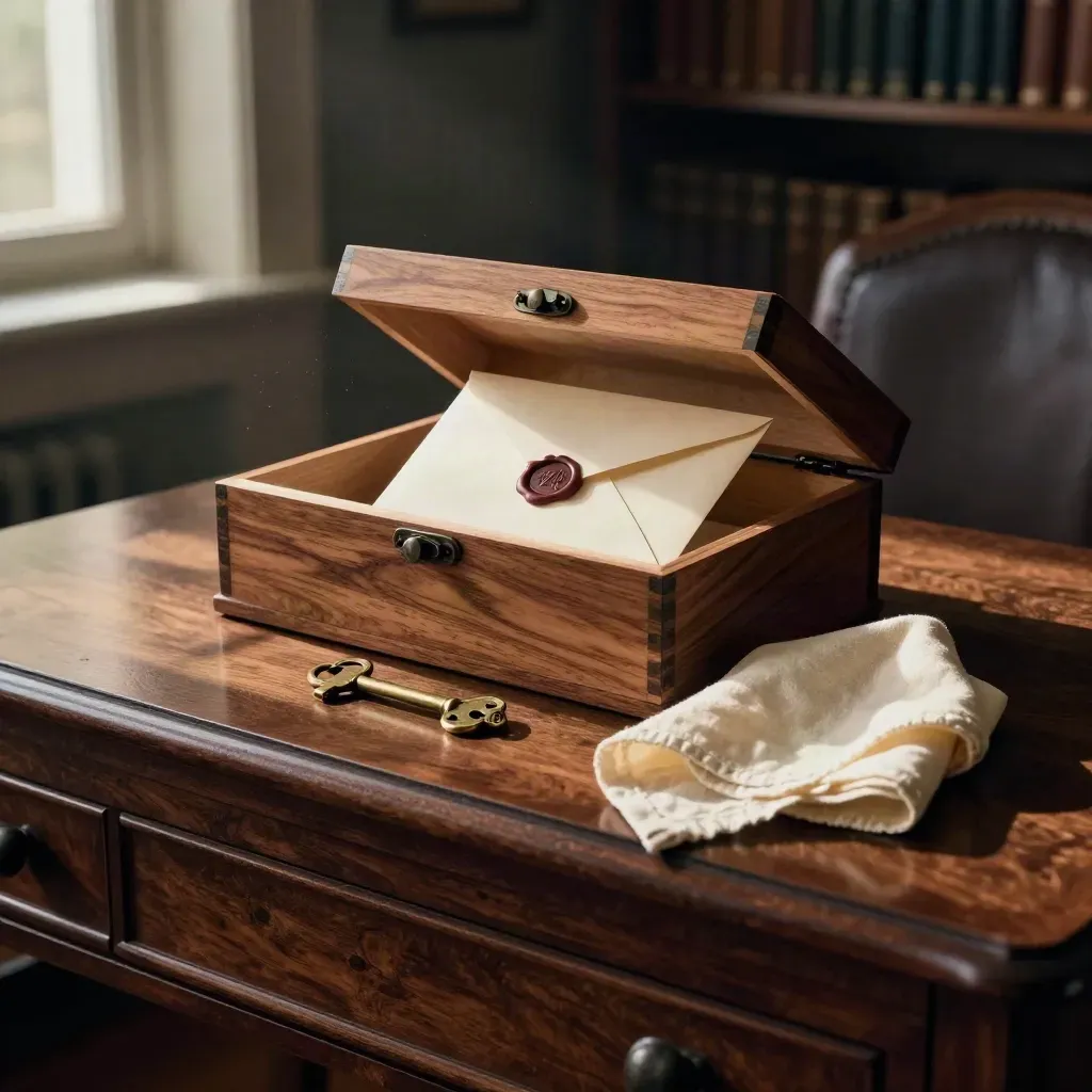 Cedar keepsake box with sealed envelope, brass key and folded cloth on a dark study console.