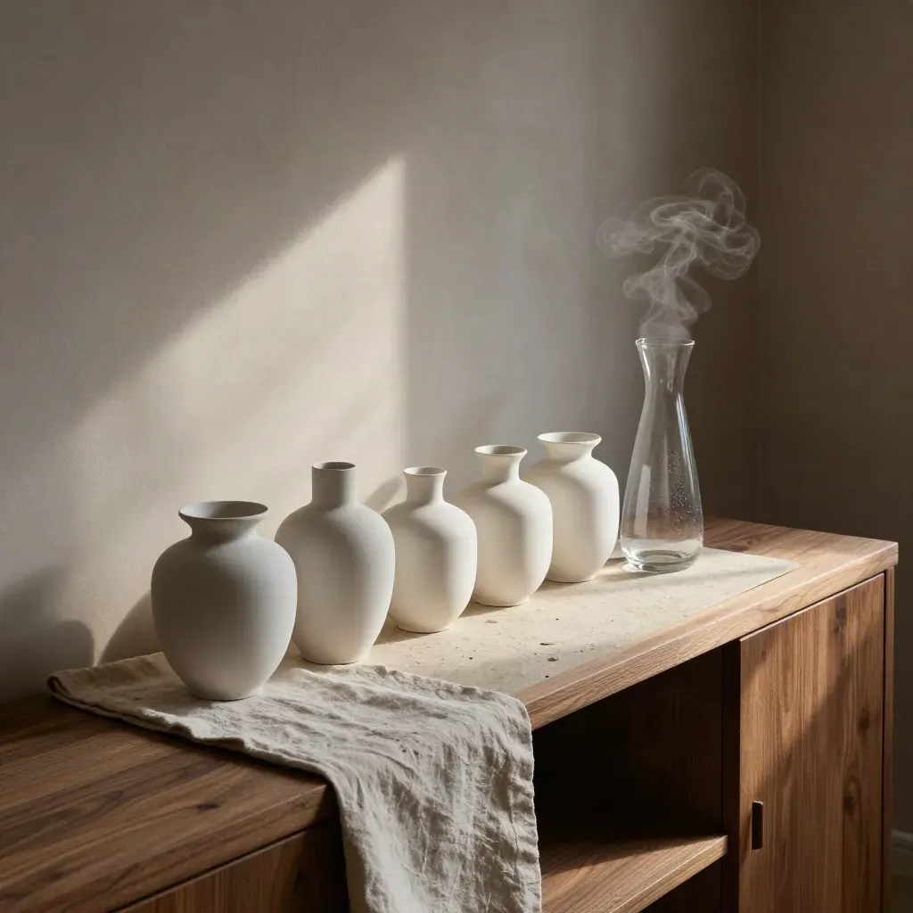 Overhead breakfast nook with white ceramic vessels and glass carafe in warm morning light.