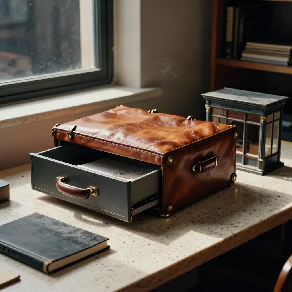 Leather briefcase, cash drawer, folio, and storefront model on a workshop desk by a dark window.