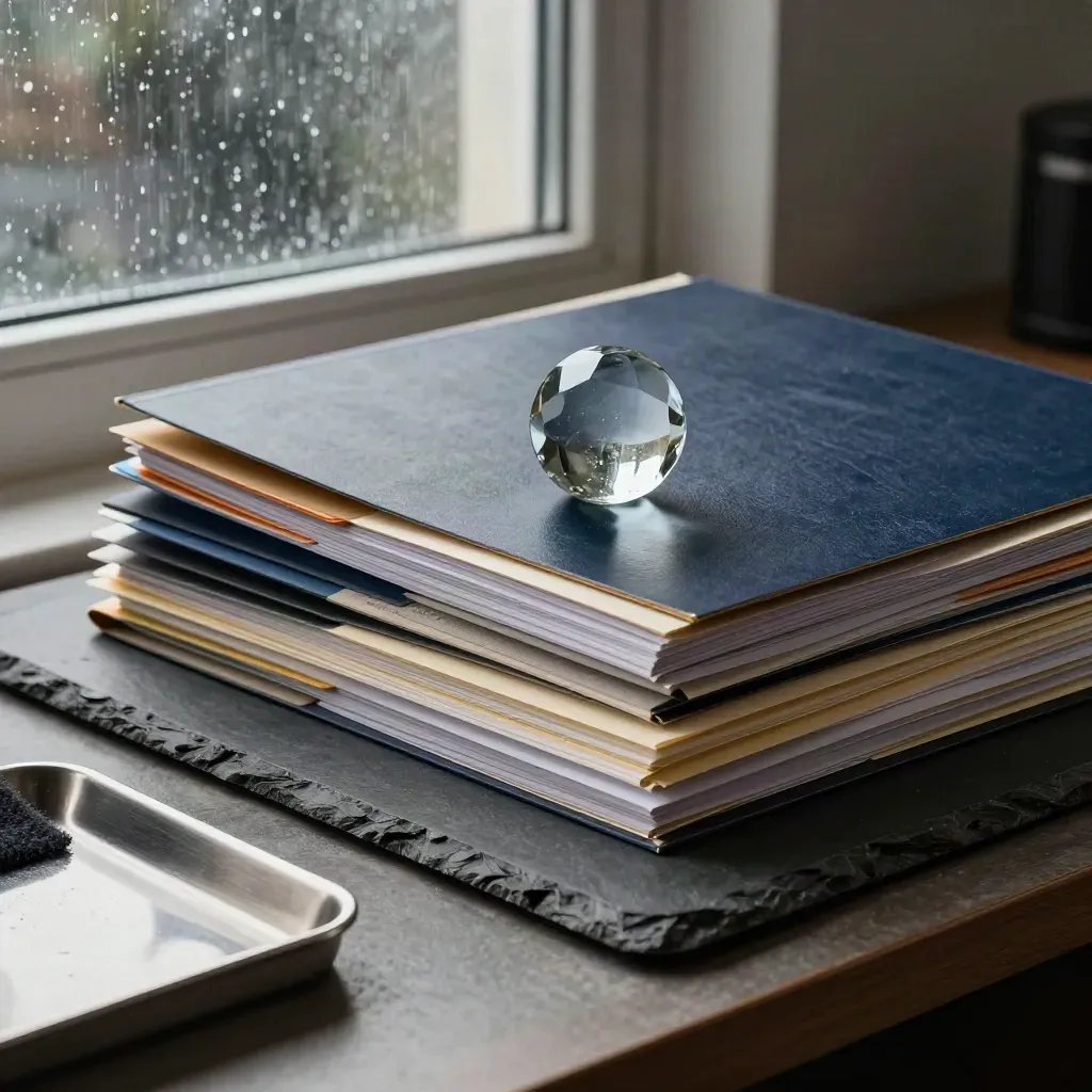 Glass paperweight holding tabbed finance folders on a slate desk beside a rain-streaked storm window.