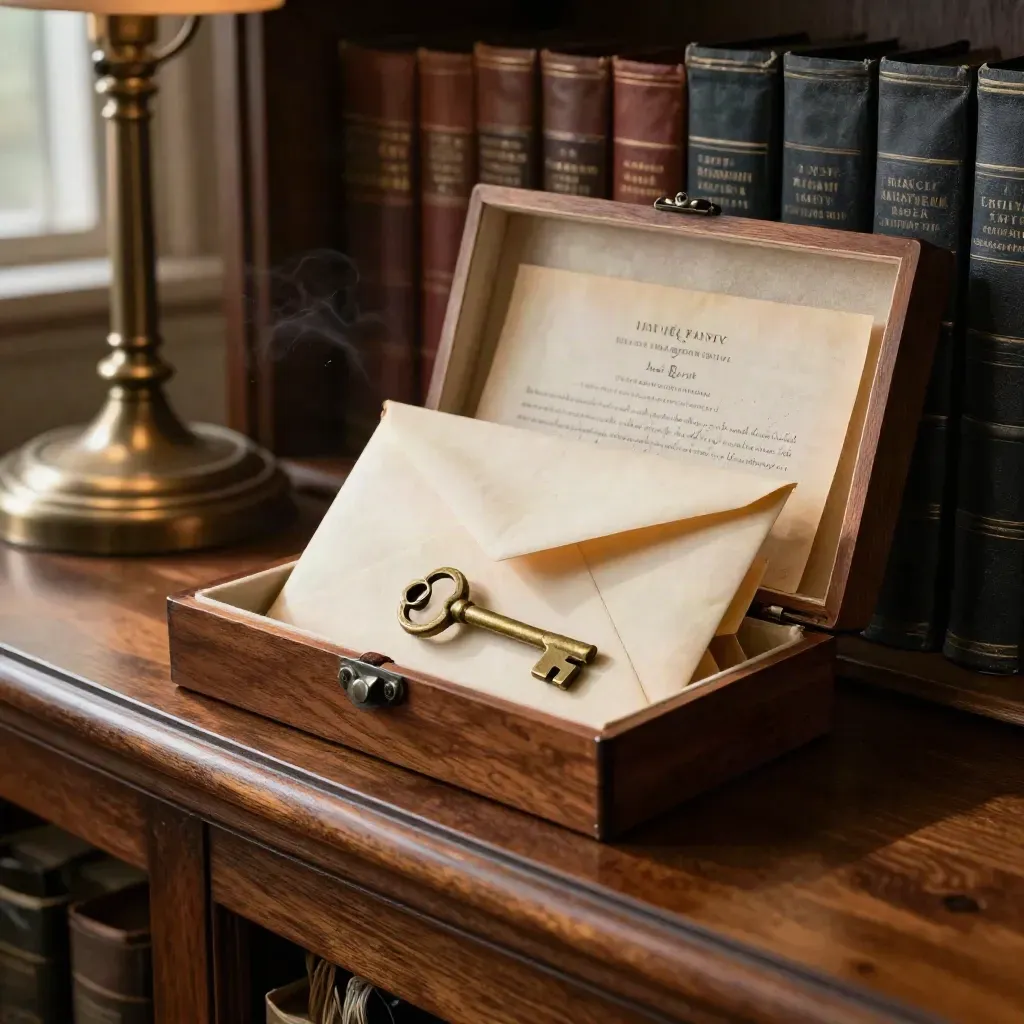 Archive envelope, brass key and cedar keepsake box on a dim library shelf with warm light.