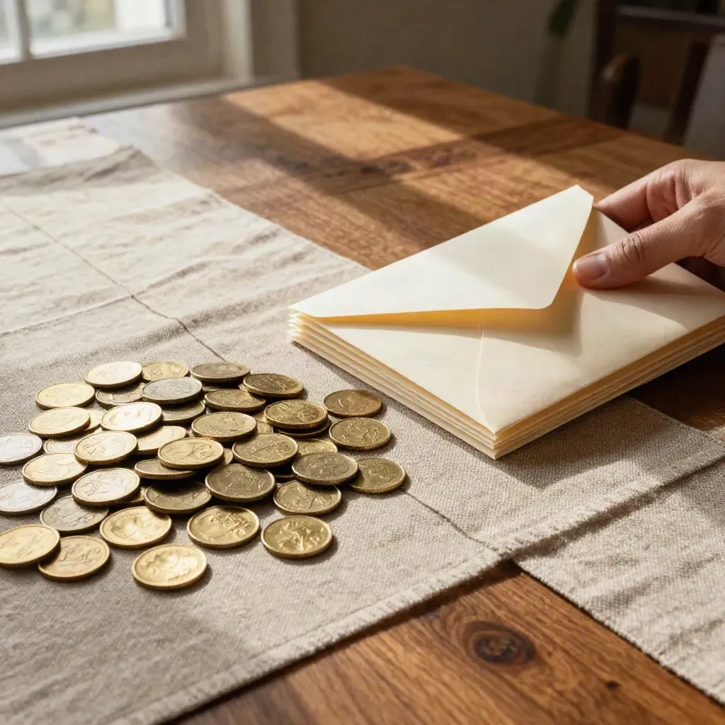 Overhead of gold coins, cream envelopes, and a linen runner splitting a walnut dining table.