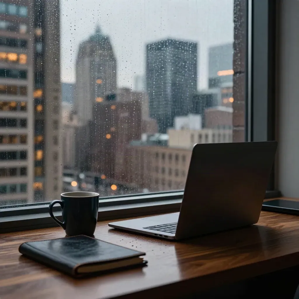 Rain-dark office window, closed laptop, dark mug, and city reflections on a polished desk.