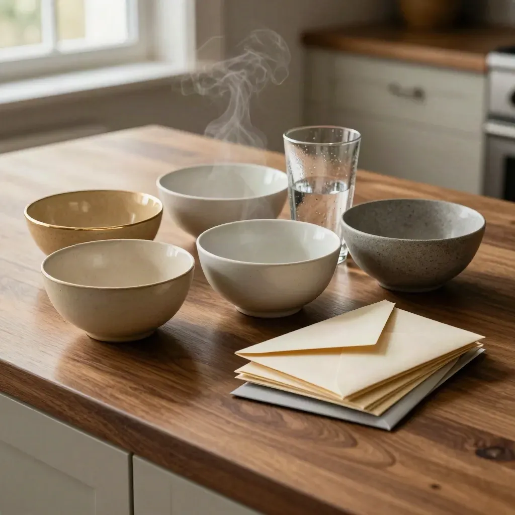 Overhead of ceramic bowls, water glass, and envelopes on a walnut kitchen island.