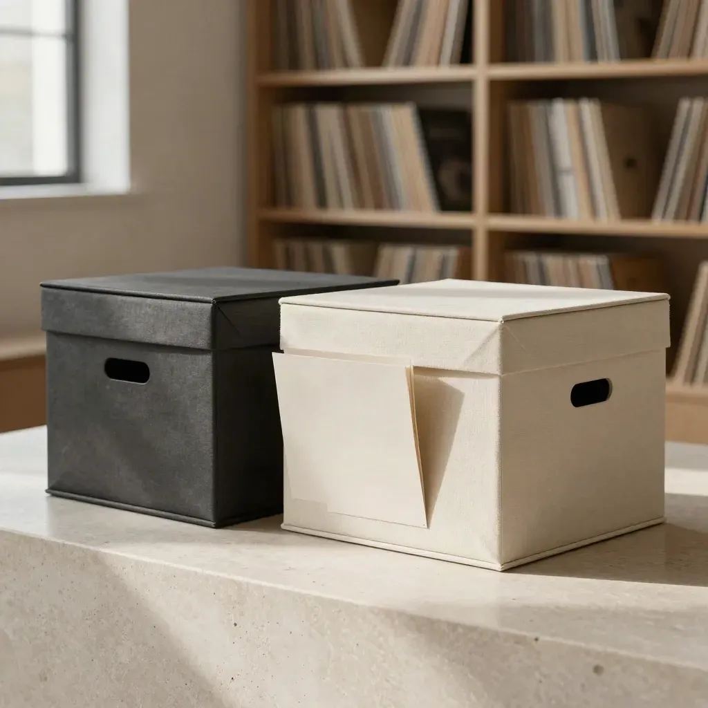 Two archive boxes linked by a folded folder in a refined records room.