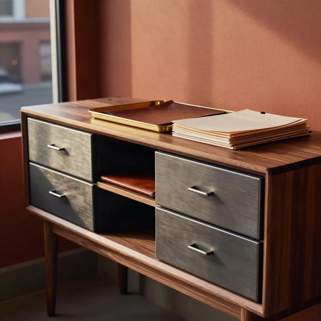Back-office credenza with cash drawers, leather folio and brass tray in evening city glow.