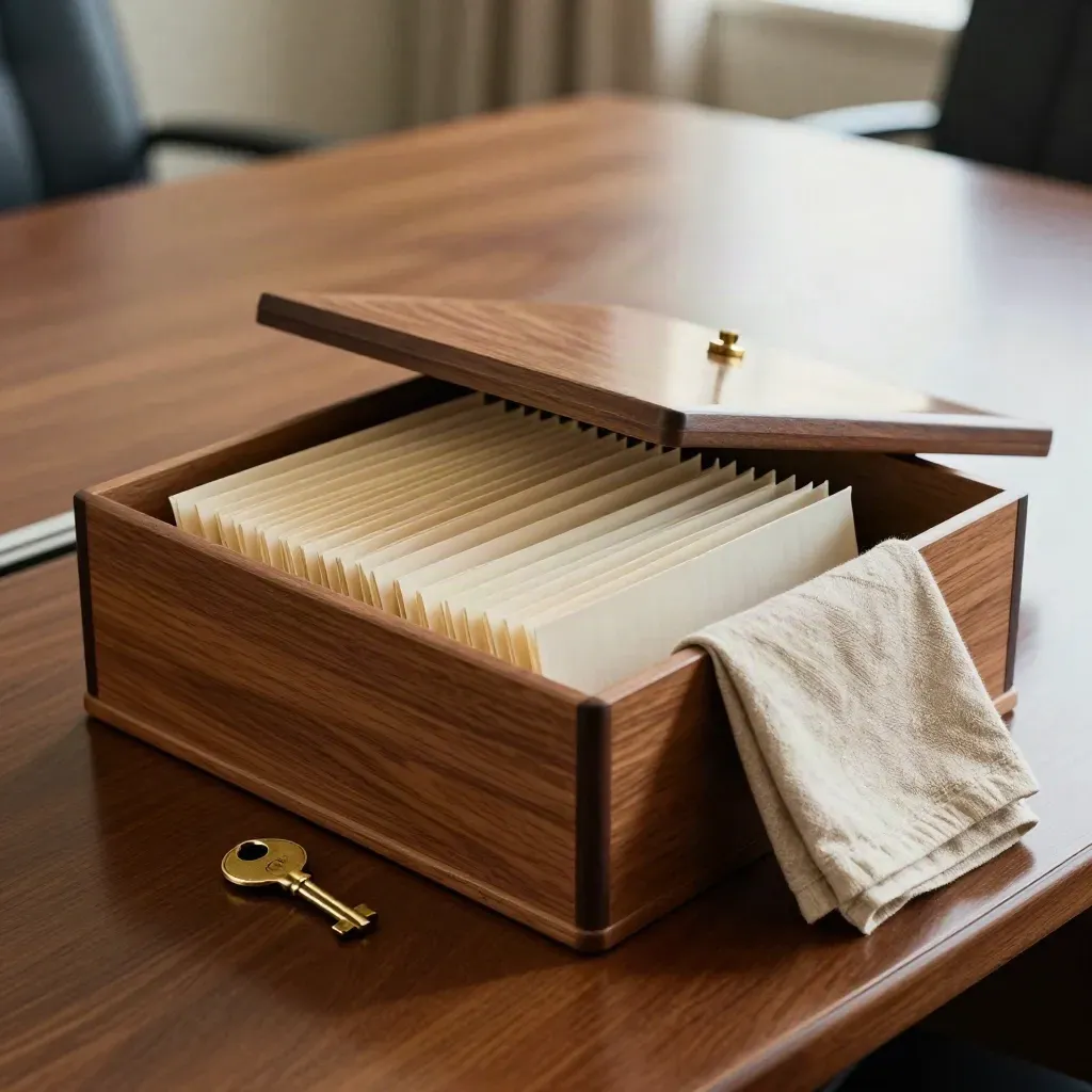 Cedar archive box with folders, key ring and folded linen on a boardroom credenza