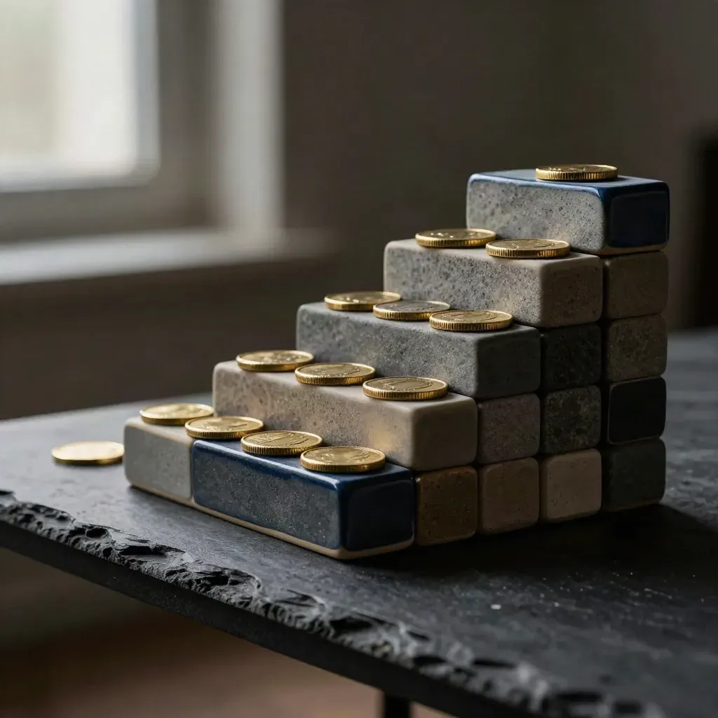 Stepped ceramic blocks with brass coins on a slate shelf in moody side light.