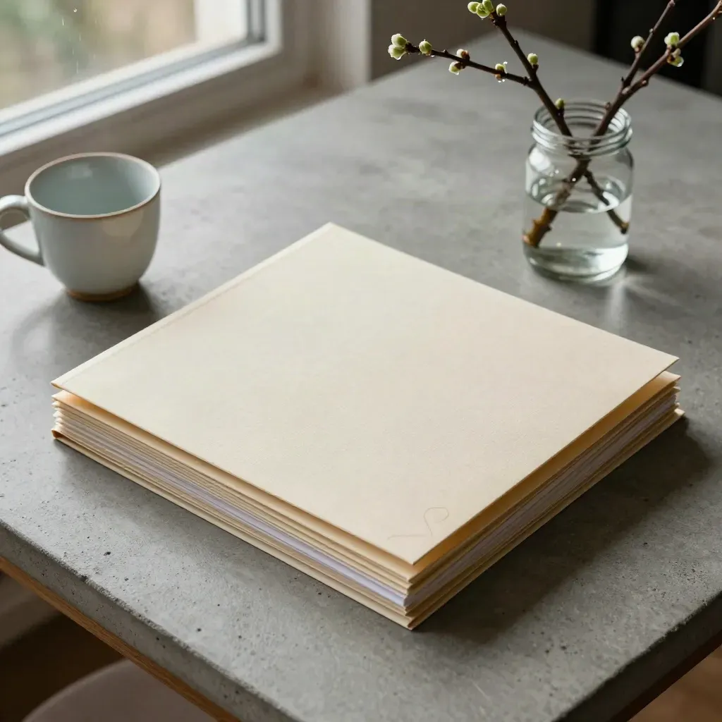 Top-down finance folders, ceramic cup, and spring branch on a calm concrete desk.
