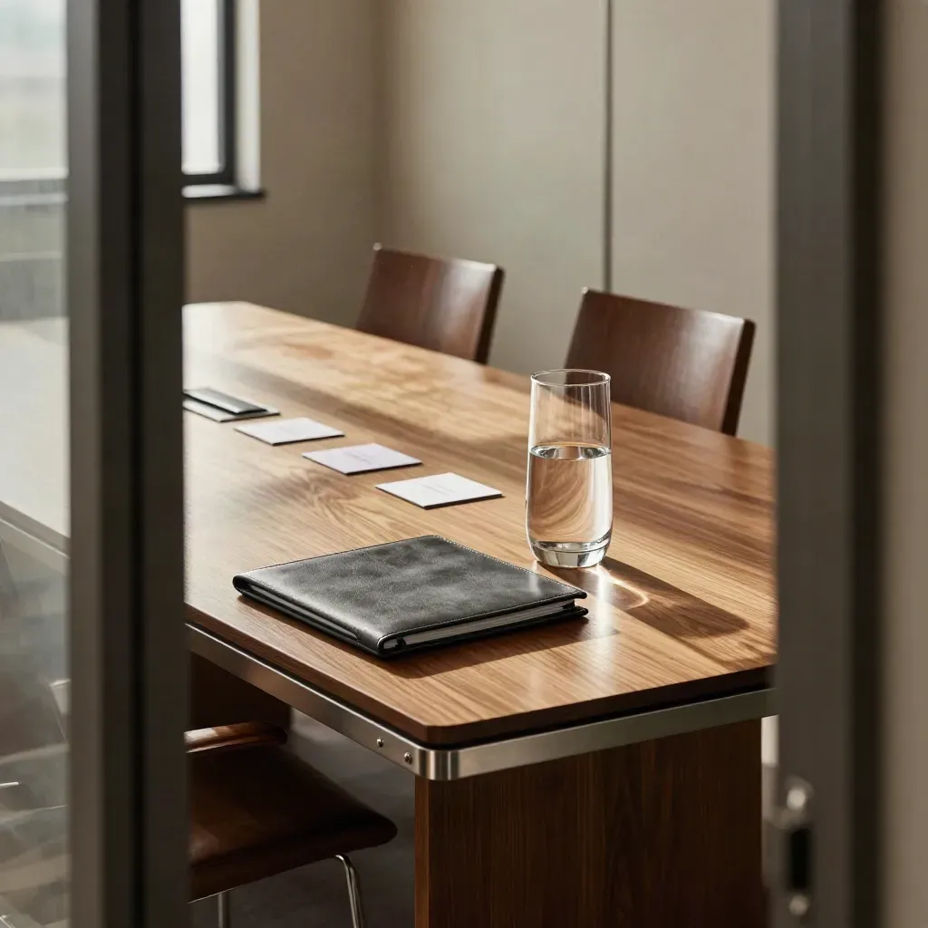 Boardroom setup with folio, water carafe, meeting cards, and a pulled-back chair.