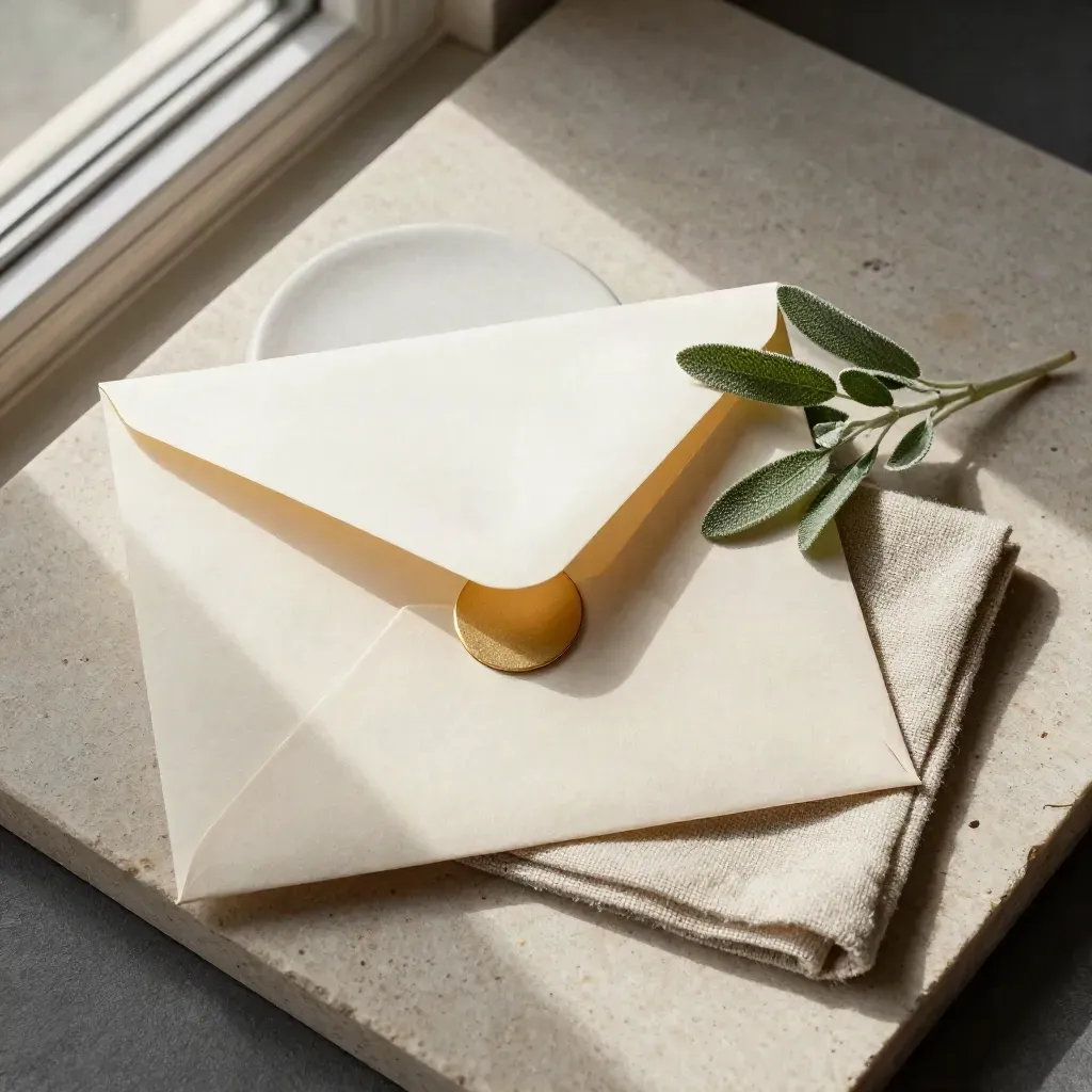 Cream envelope with gold seal, linen, dish and trailing plant on pale stone