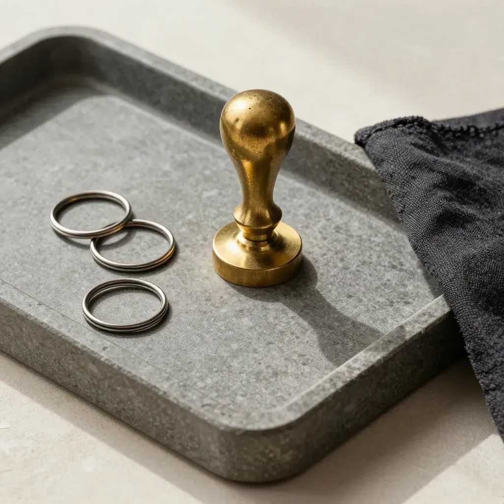 Brass tax stamp and clipped paper rings on a stone tray with charcoal cloth.
