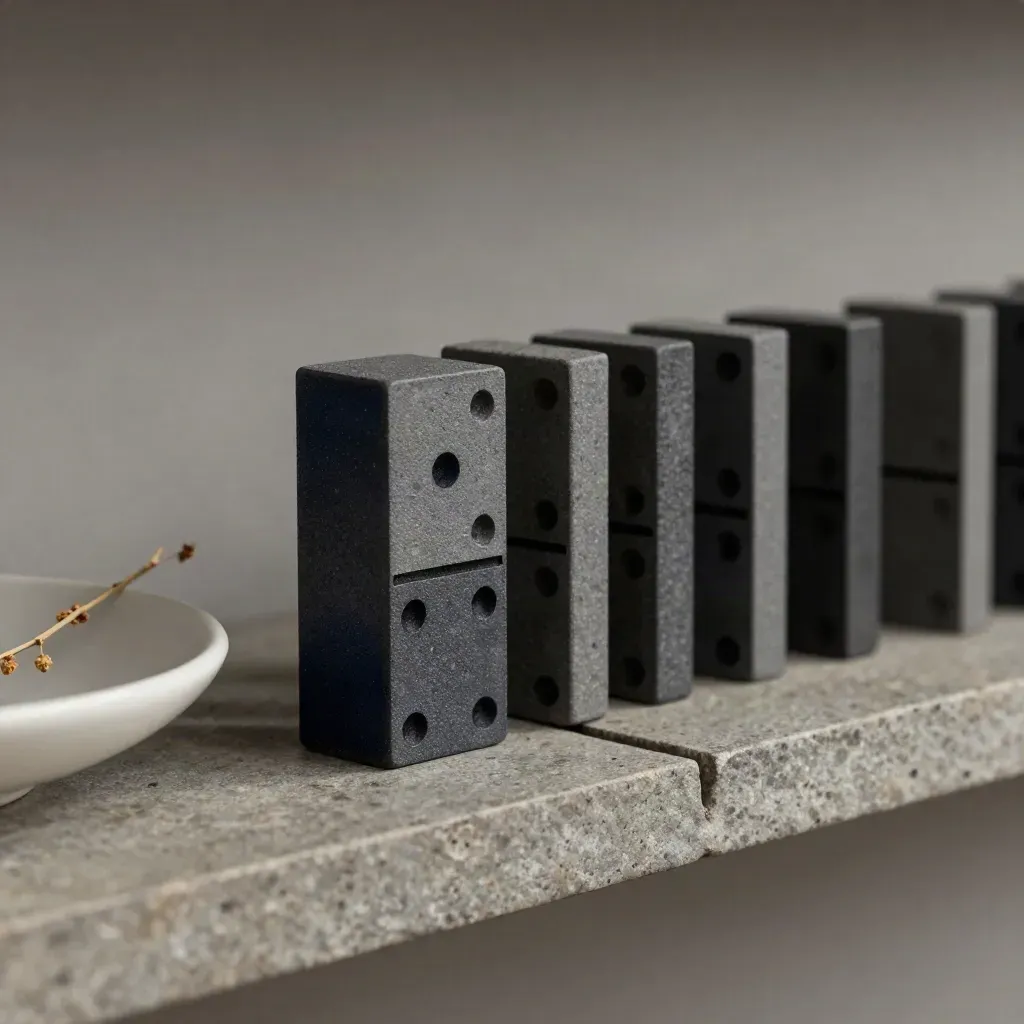 Dark domino blocks on a stone shelf with a ceramic dish and pale sprig, tense macro still life.