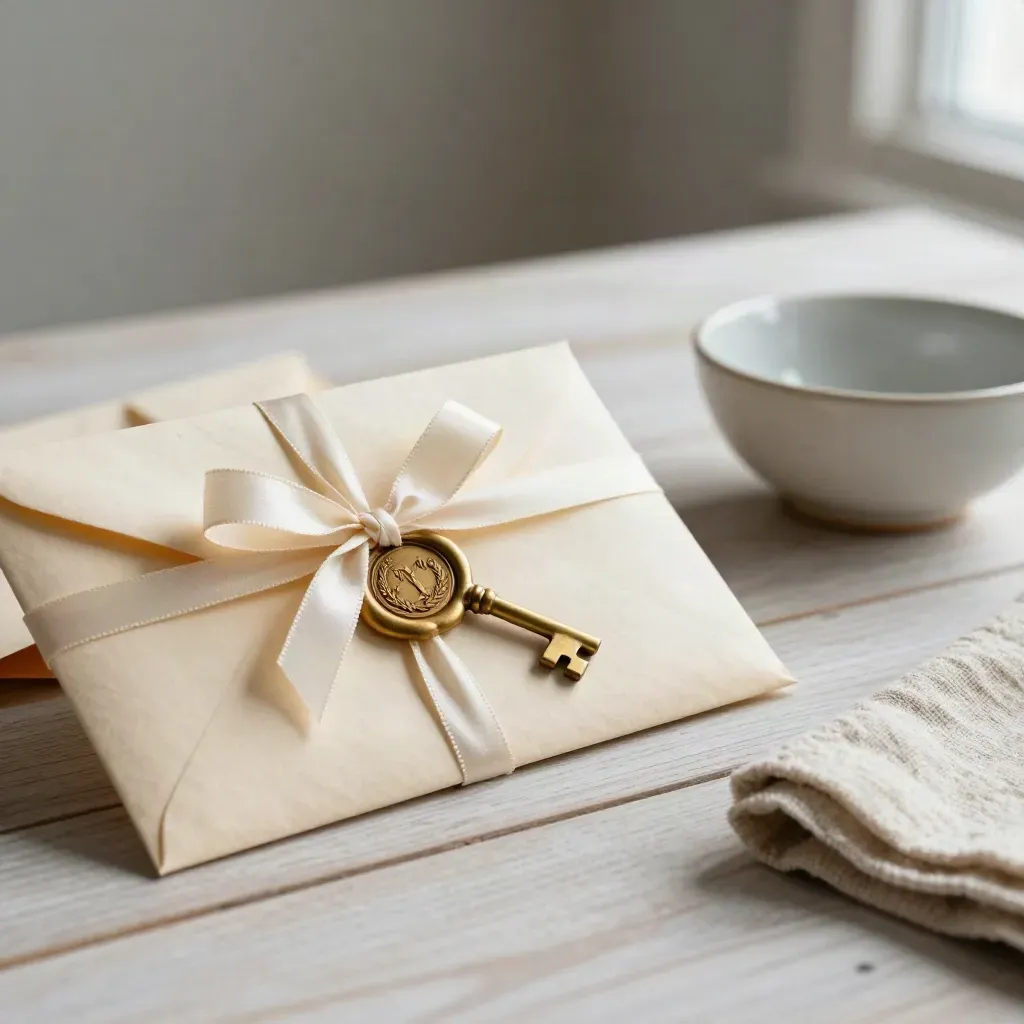 Wax-sealed legacy envelope, heirloom key, and ceramic bowl on pale wood for family wealth.